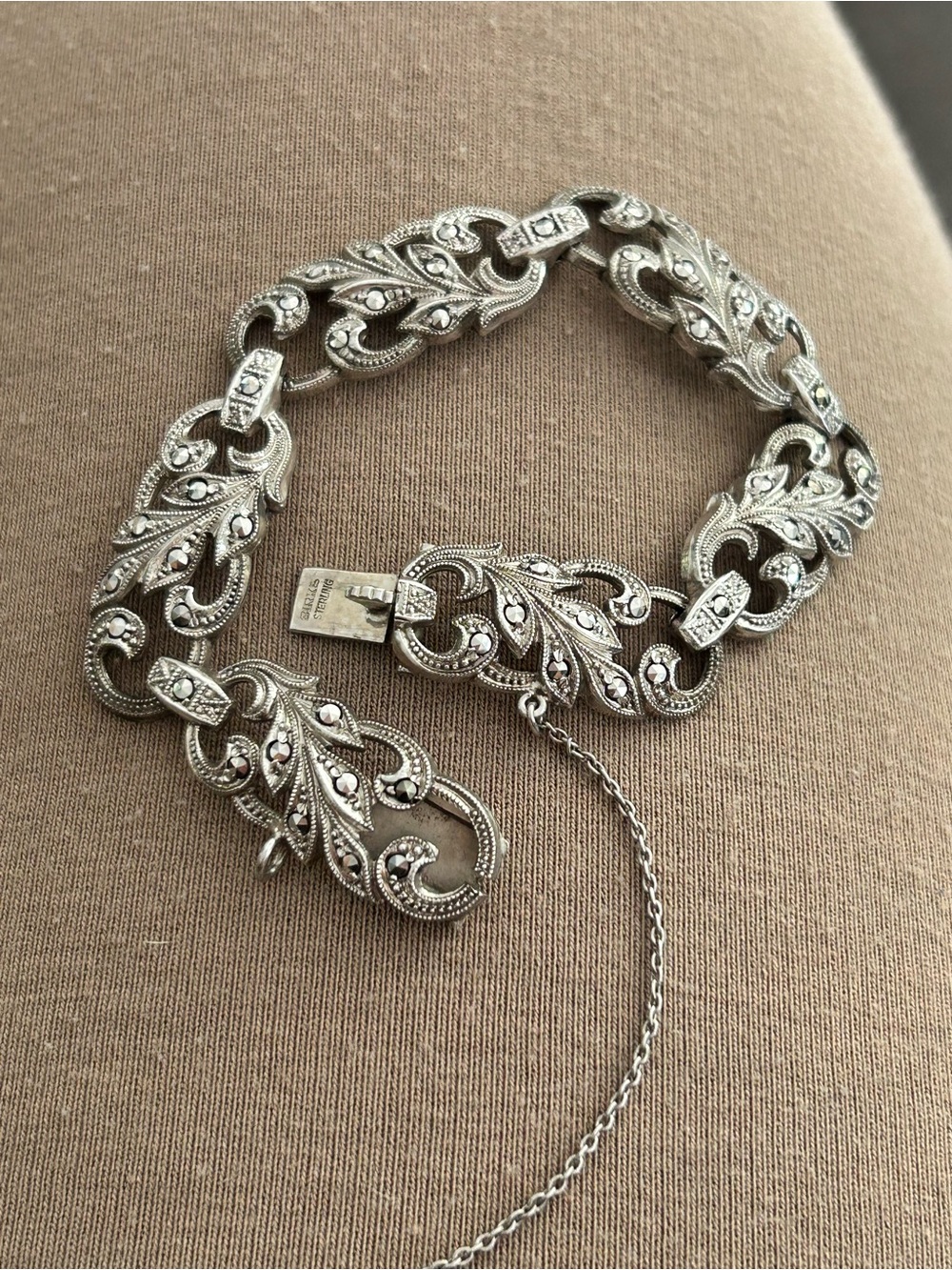 Silver-Tone Filigree Leaf Link Bracelet with Marcasite Accents